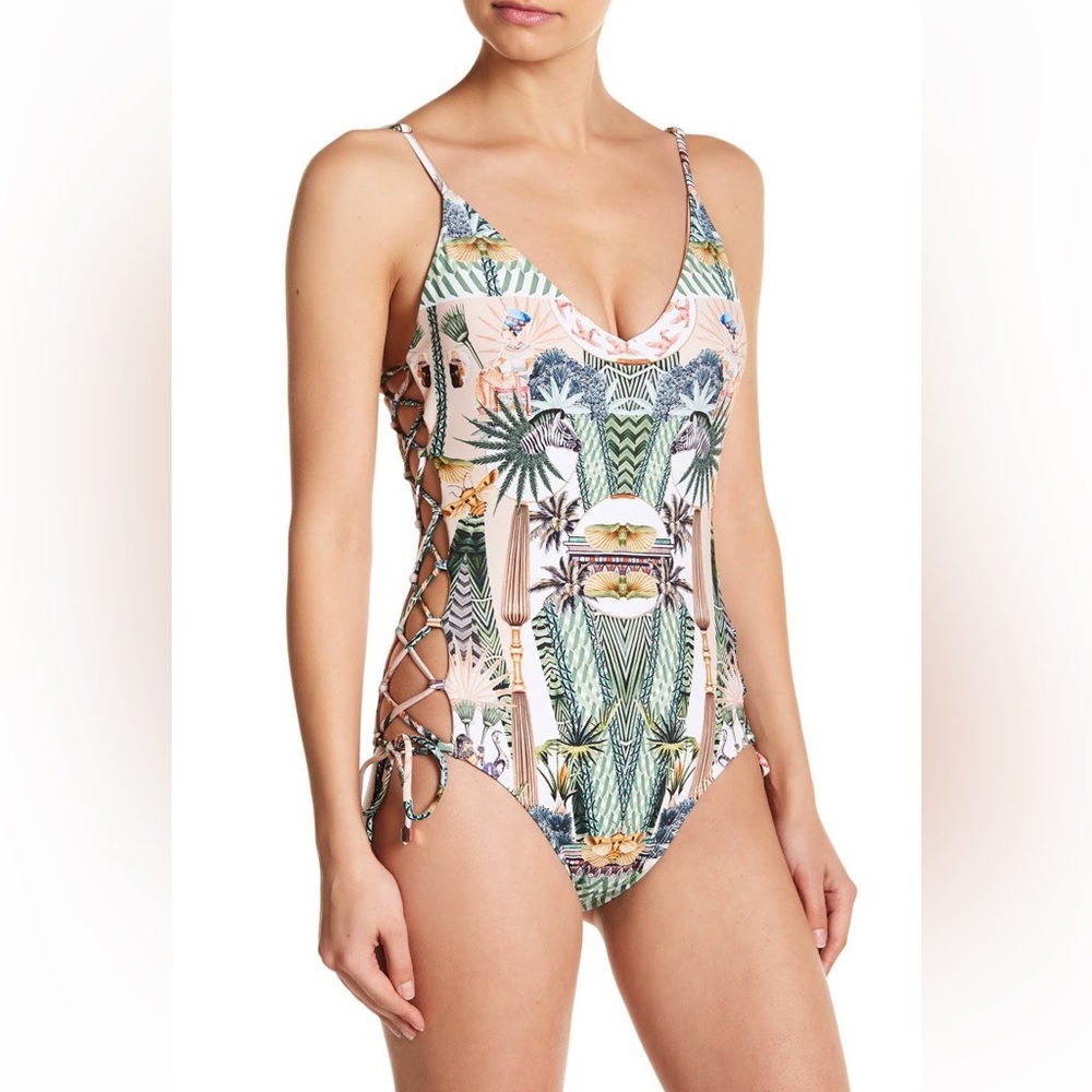 RACHEL Roy Women Cleopatra Egypt print Lace-Up One-Piece Swimsuit sz XS NEW